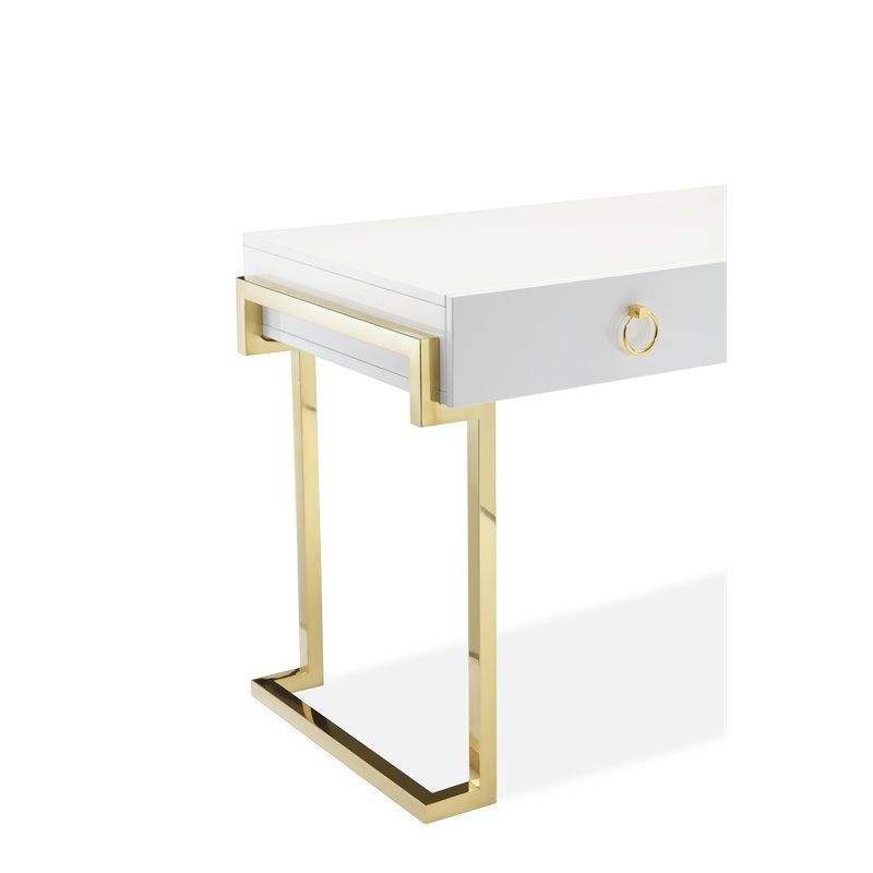 Pemberly Row Modern Steel/Wood Desk in Glossy White Lacquer/Gold