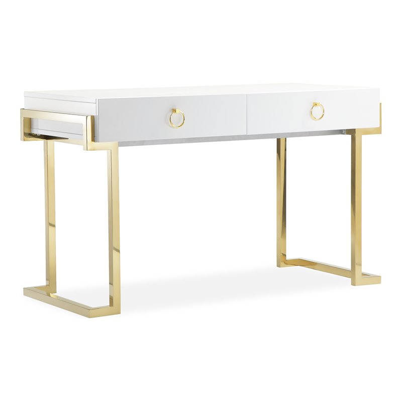 Pemberly Row Modern Steel/Wood Desk in Glossy White Lacquer/Gold