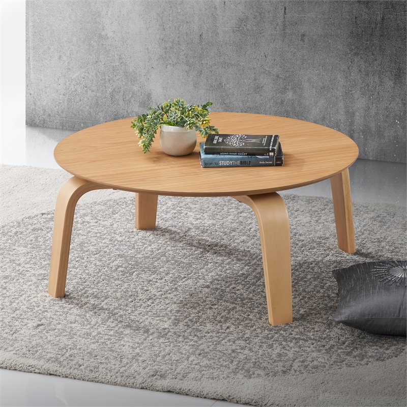 Pemberly Row Round Shape Mid-Century Wood Coffee Table in Oak