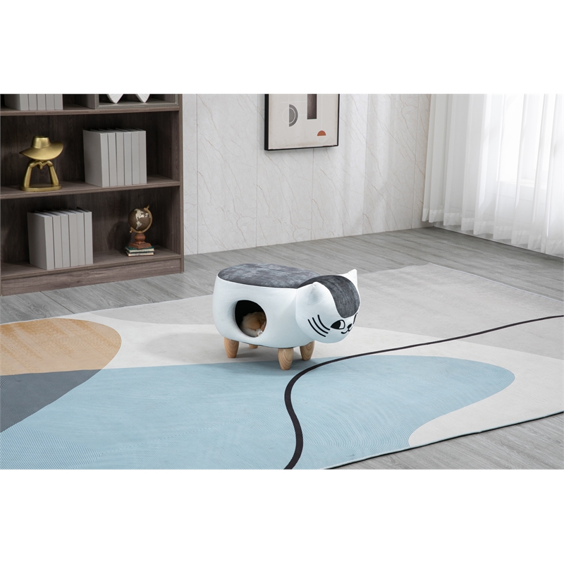 Pemberly Row Cat Condo Fabric Pet House Ottoman in Multi-Color