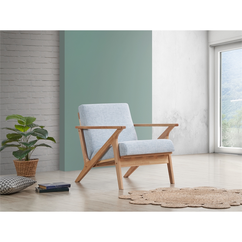 Pemberly Row Solid Wood and Fabric Accent Armchair in Oak and Light Blue