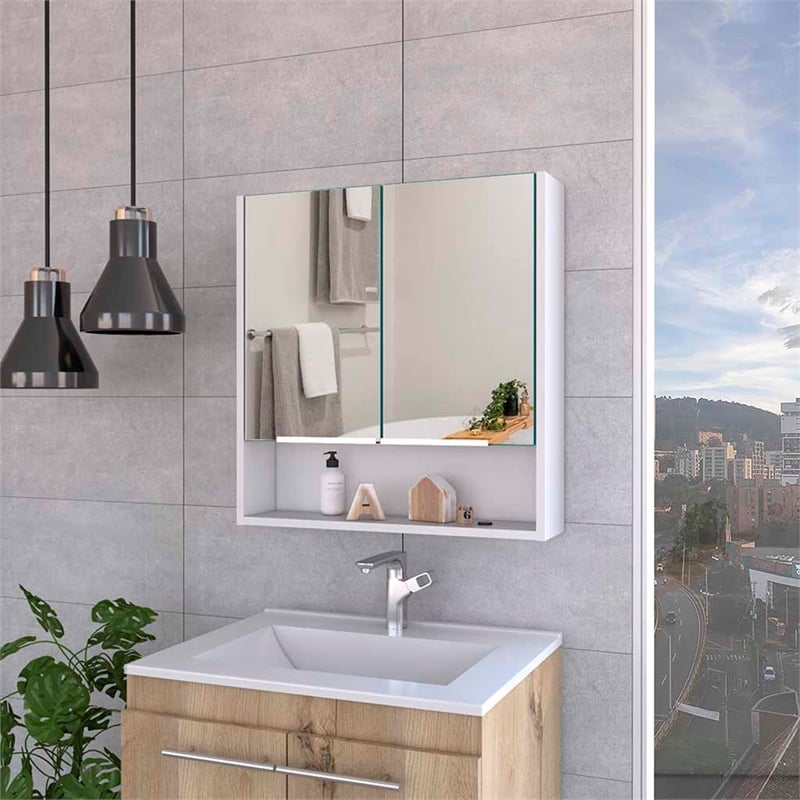 Pemberly Row Engineered Wood Medicine Cabinet with Mirror in White
