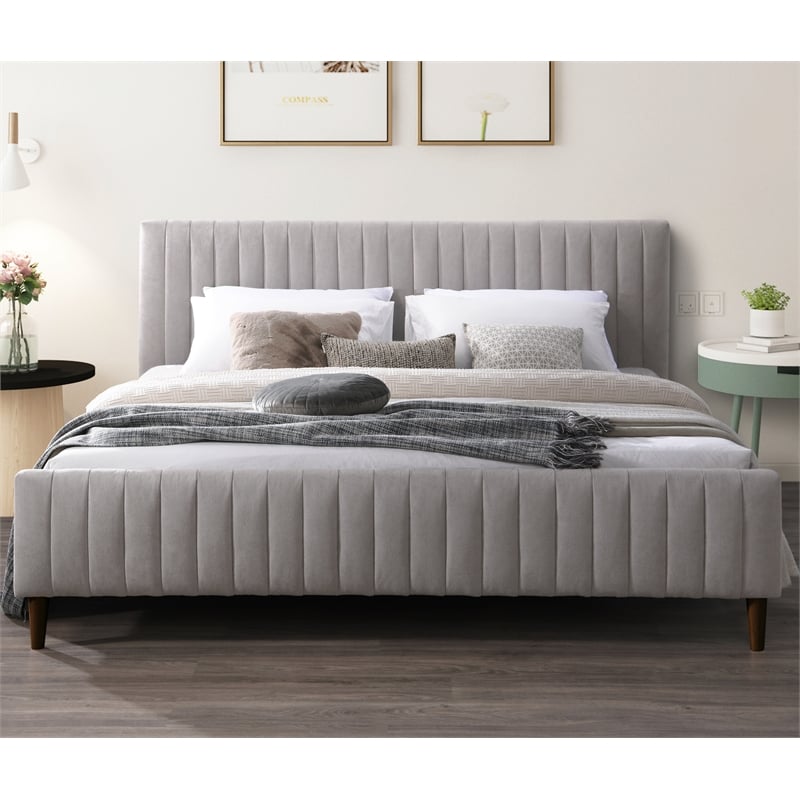 Pemberly Row Upholstered Mid-Century Fabric King Platform Bed in Gray