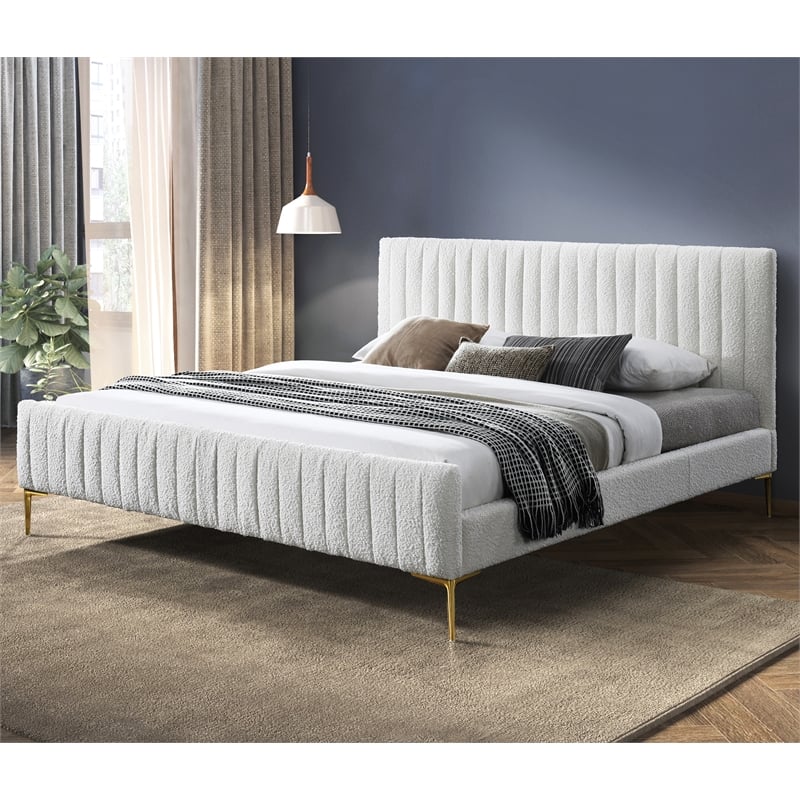 Pemberly Row Upholstered Modern Fabric King Platform Bed in White Boucle