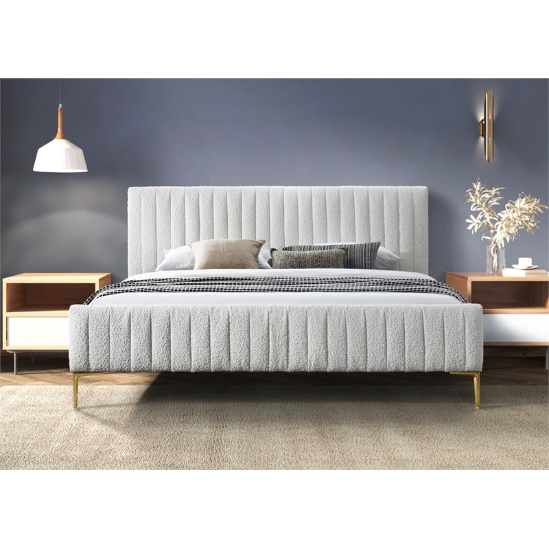 Pemberly Row Upholstered Modern Fabric King Platform Bed in White Boucle