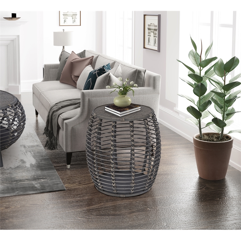 Pemberly Row Modern Transitional Rattan End Table in Gray/Espresso