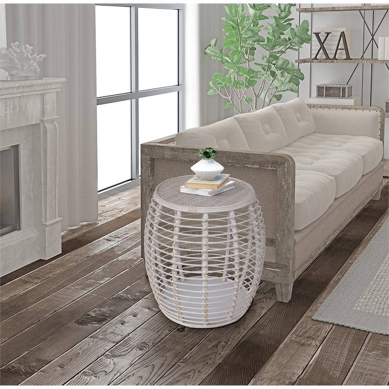 Pemberly Row Transitional Rattan End Table in Whitewashed/Espresso