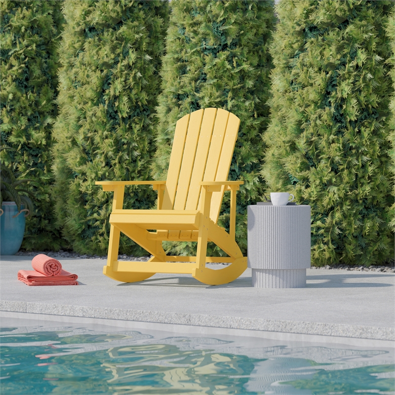 Pemberly Row Modern Plastic Adirondack Rocking Chair in Yellow