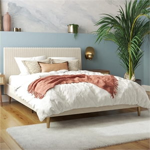 Pemberly Row Upholstered Fabric & Velvet Full Platform Bed in Ivory