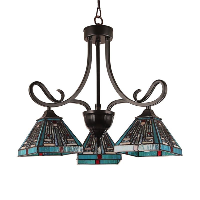 Pemberly Row Mission 3-Light Glass Mini Chandelier in Bronze/Blue