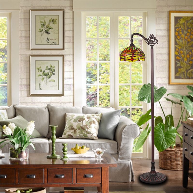 Pemberly Row Dragonfly 1-Light Metal Floor Lamp in Dark Bronze/Red