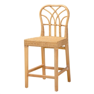 Pemberly Row Modern 24.4&quot Rattan & Wood Counter Stool in Brown