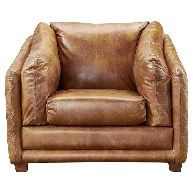 Pemberly Row Contemporary Italian Leather Arm Chair in Light Brown
