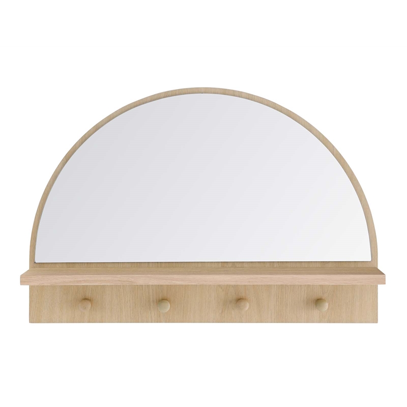 Pemberly Row Moonbeam Arched Wood Mirror with Four Hanging Pegs in Oak
