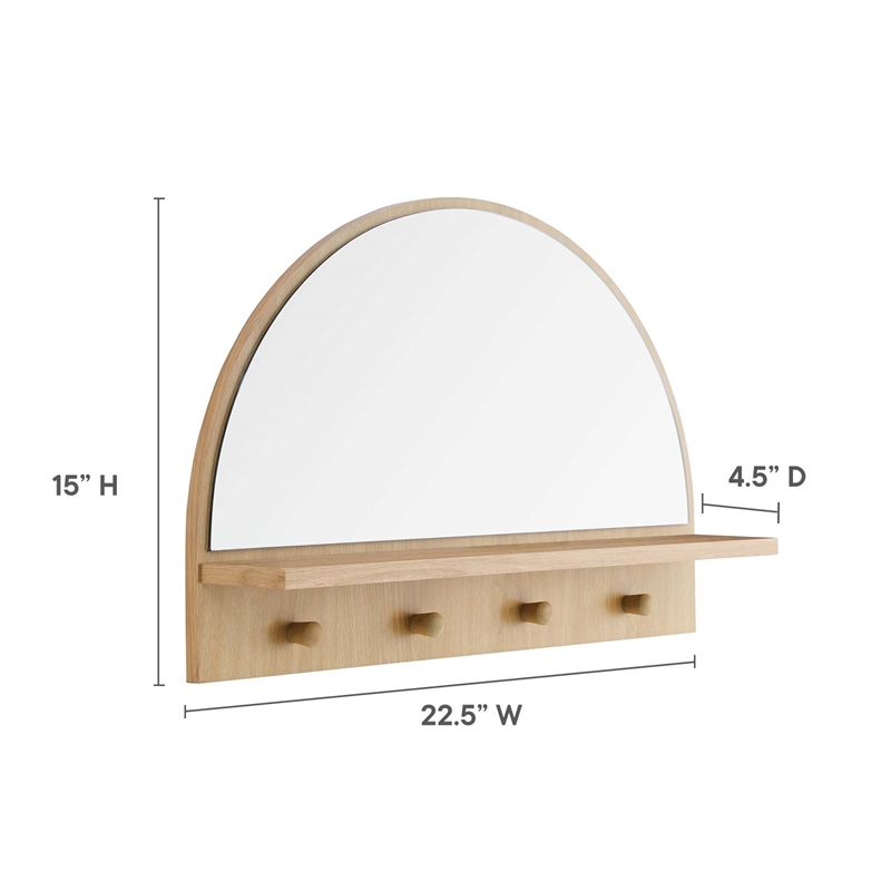 Pemberly Row Moonbeam Arched Wood Mirror with Four Hanging Pegs in Oak