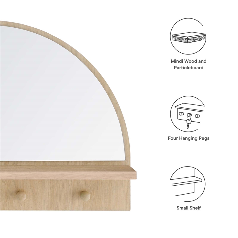 Pemberly Row Moonbeam Arched Wood Mirror with Four Hanging Pegs in Oak