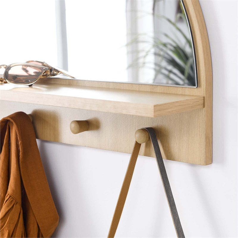 Pemberly Row Moonbeam Arched Wood Mirror with Four Hanging Pegs in Oak