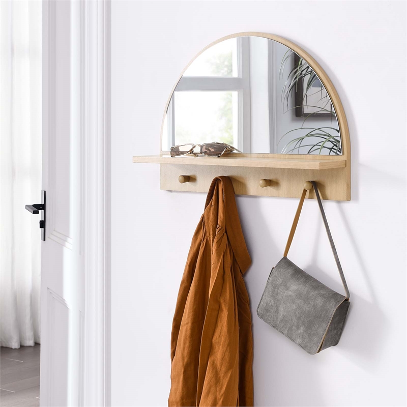 Pemberly Row Moonbeam Arched Wood Mirror with Four Hanging Pegs in Oak