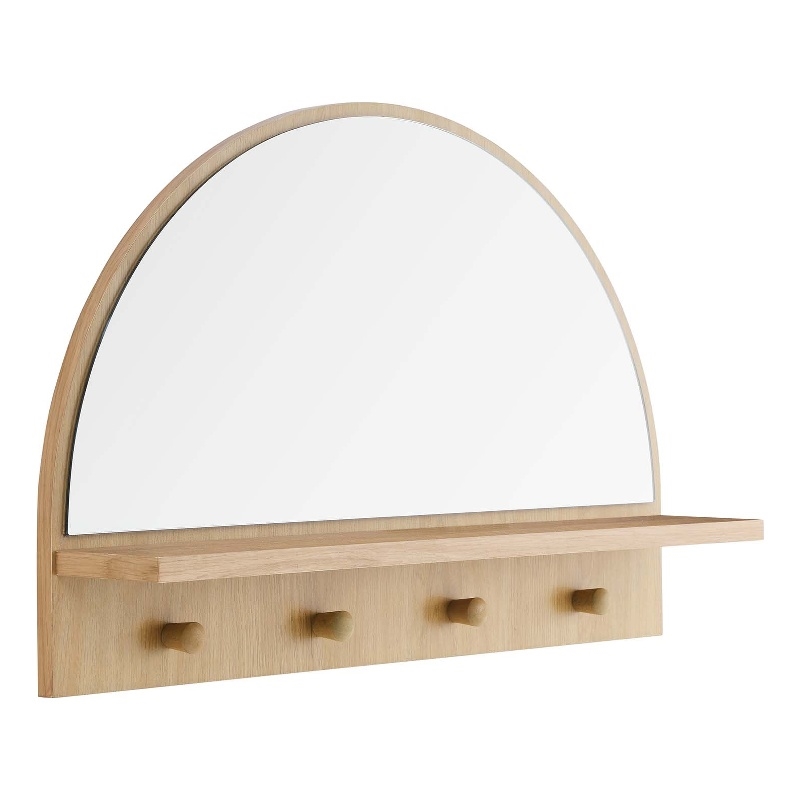 Pemberly Row Moonbeam Arched Wood Mirror with Four Hanging Pegs in Oak