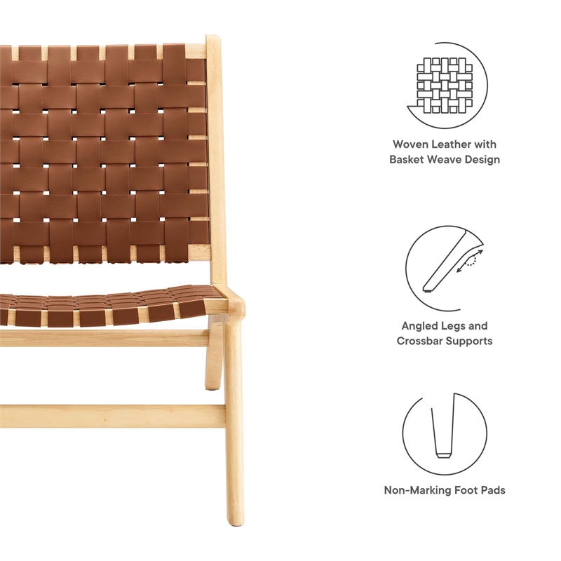 Pemberly Row Woven Leather & Wood Accent Lounge Chair in Brown/Natural