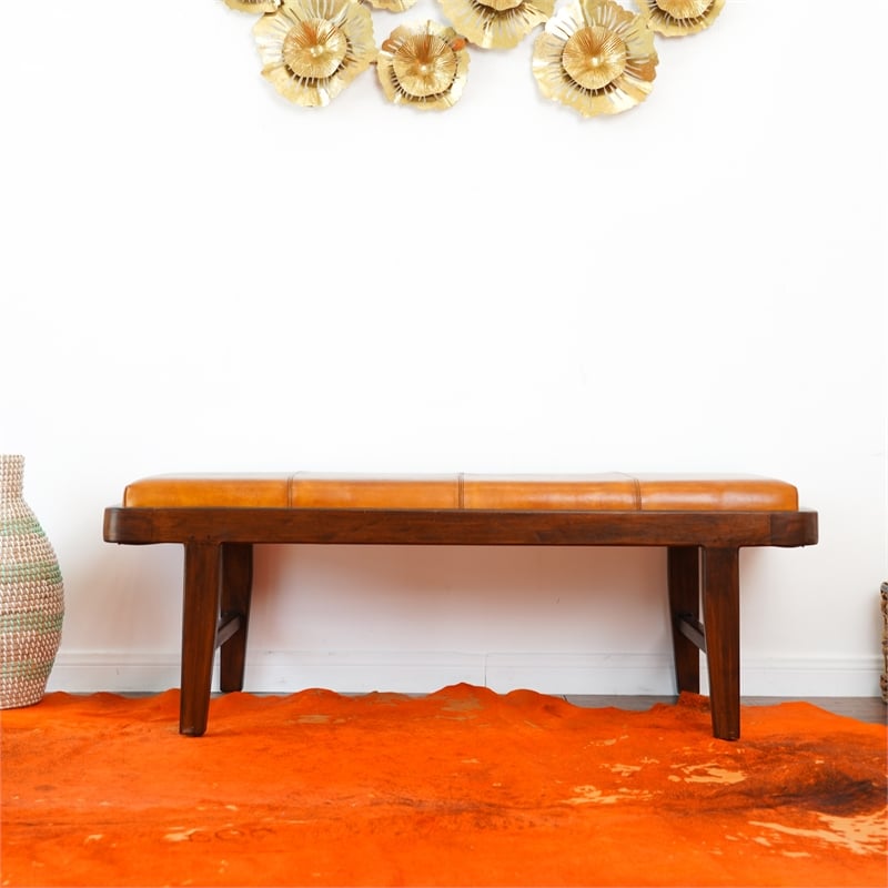 Pemberly Row Mid-Century Modern Upholstered Leather Bench in Tan
