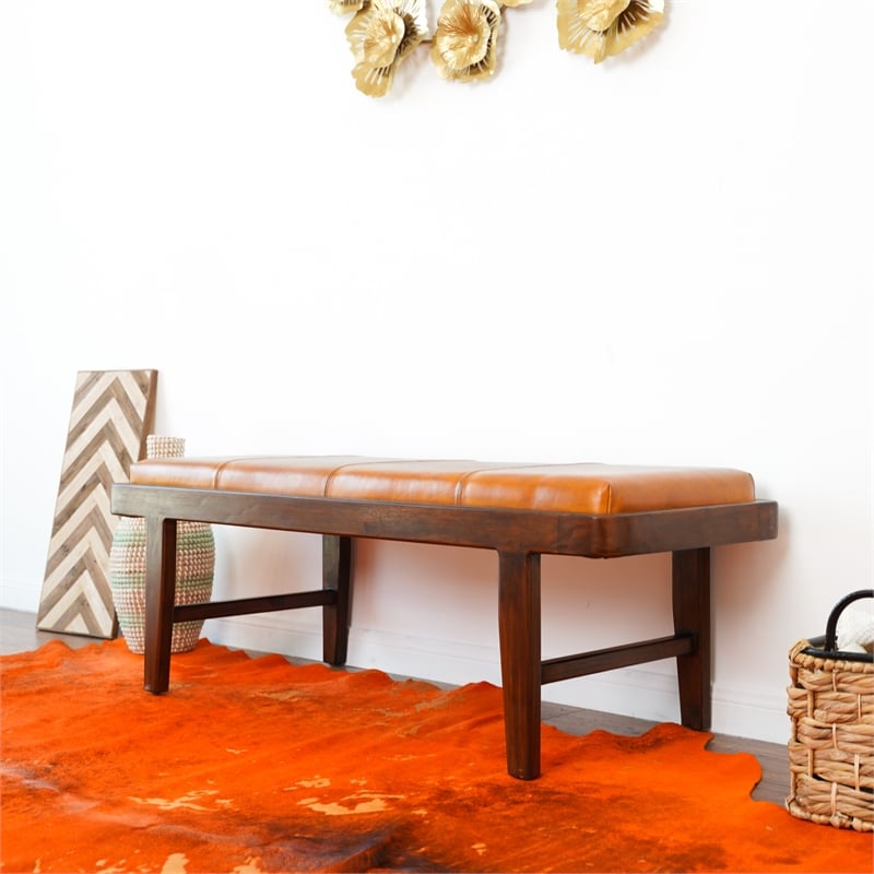 Pemberly Row Mid-Century Modern Upholstered Leather Bench in Tan