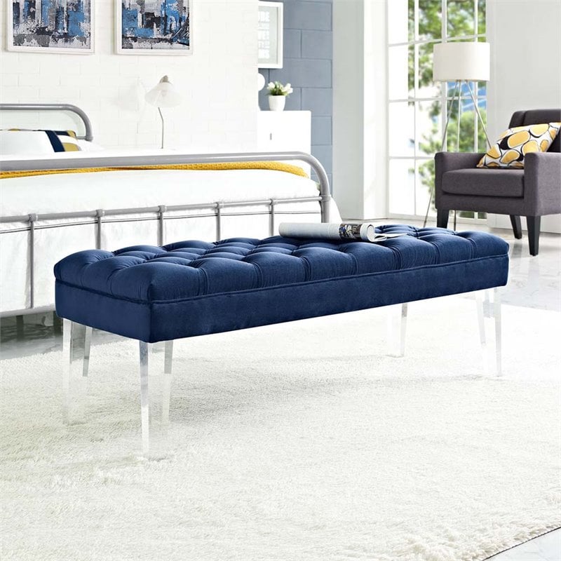 Pemberly Row Modern Style Performance Velvet and Acrylic Bench in Navy
