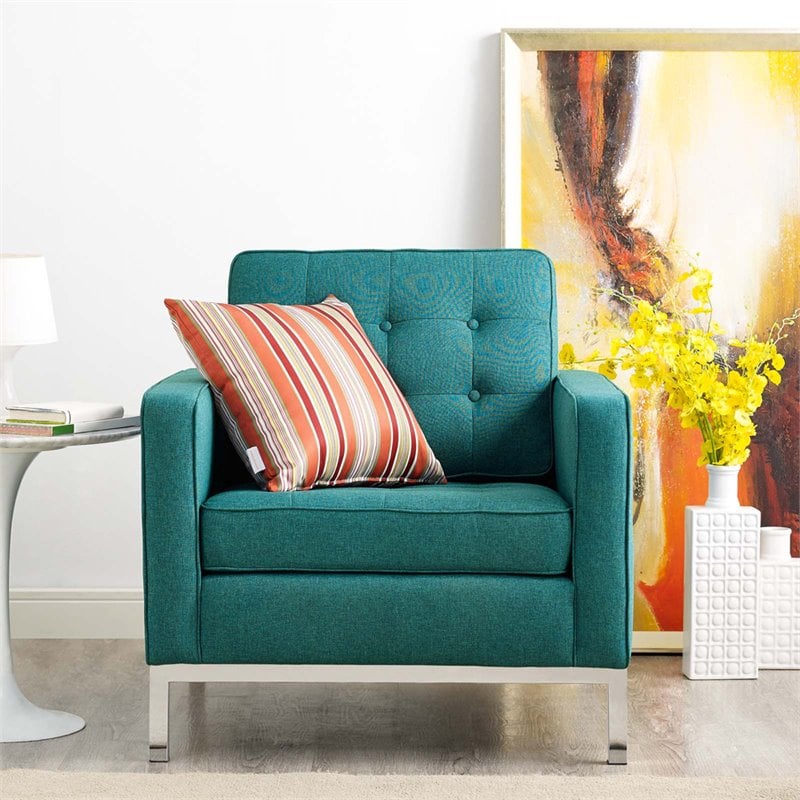Pemberly Row Stainless Steel and Upholstered Fabric Armchair in Teal Blue
