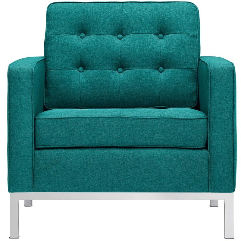 Pemberly Row Stainless Steel and Upholstered Fabric Armchair in Teal Blue