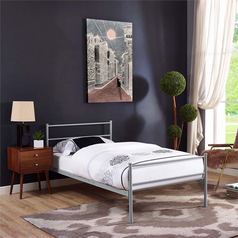 Pemberly Row Powder Coated Sturdy Steel Twin Platform Bed Frame in Gray