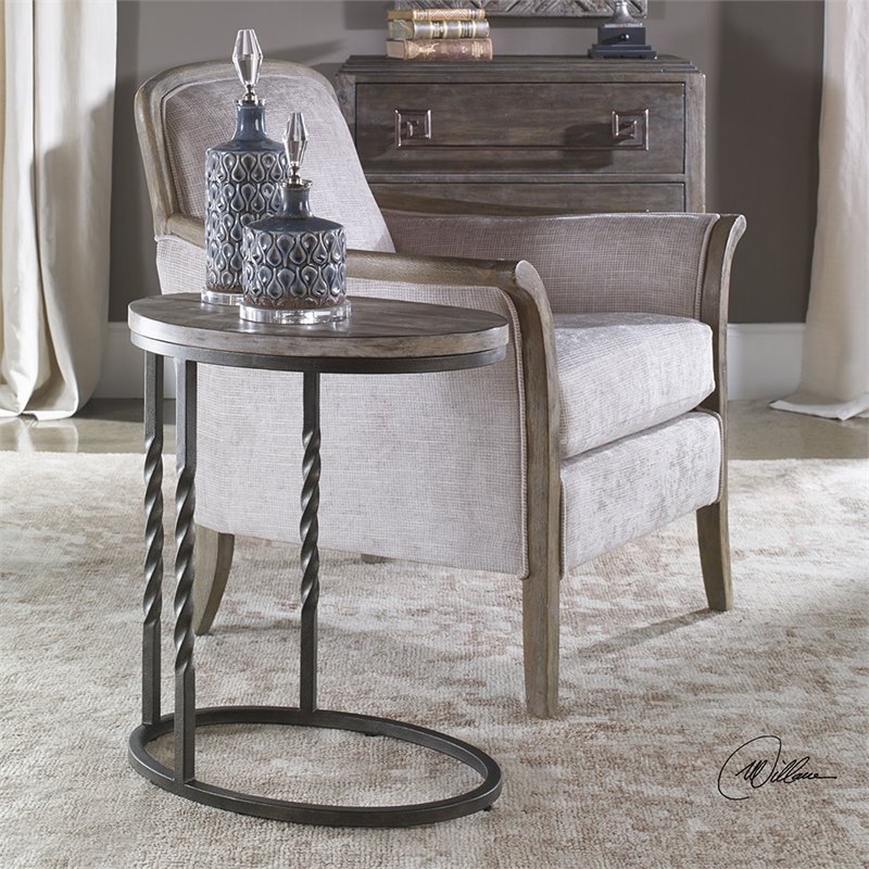 Pemberly Row Metal Acacia Wood Cantilever Accent Table in Weathered Ivory