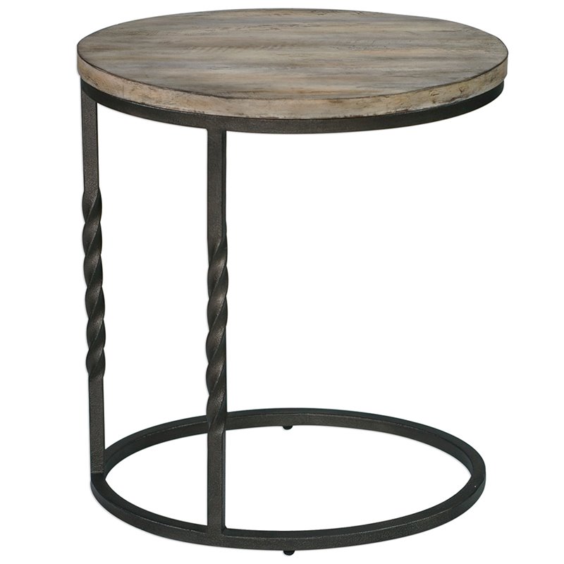 Pemberly Row Metal Acacia Wood Cantilever Accent Table in Weathered Ivory