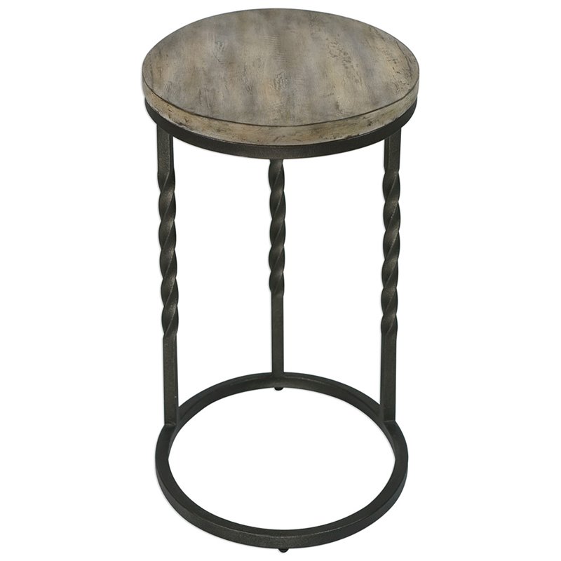 Pemberly Row Metal Acacia Wood Cantilever Accent Table in Weathered Ivory