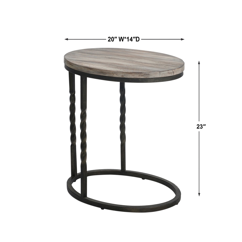 Pemberly Row Metal Acacia Wood Cantilever Accent Table in Weathered Ivory