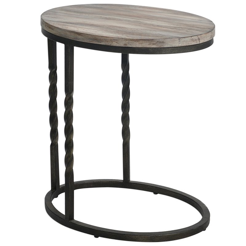 Pemberly Row Metal Acacia Wood Cantilever Accent Table in Weathered Ivory
