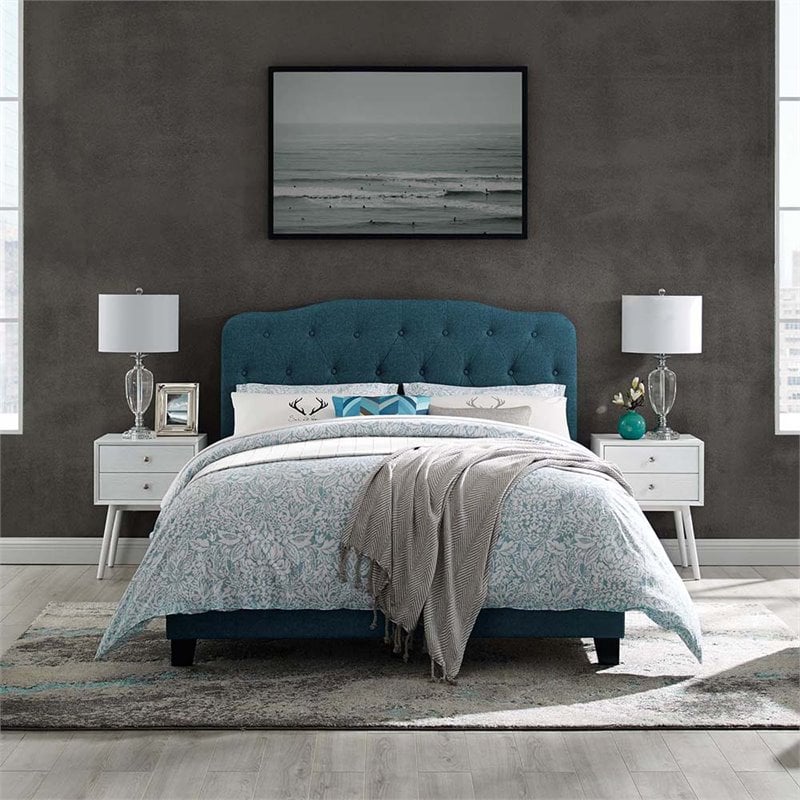 Pemberly Row Queen Upholstered Polyester Fabric Bed in Azure Blue Finish