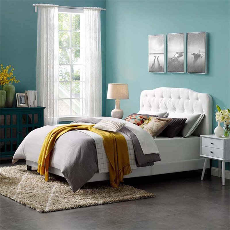 Pemberly Row King Upholstered Polyester Fabric Bed in White Finish