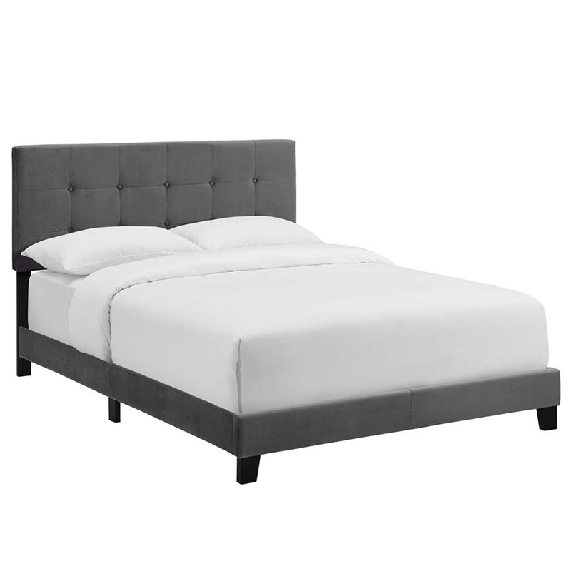 Pemberly Row Full Modern Style Performance Velvet Bed in Gray