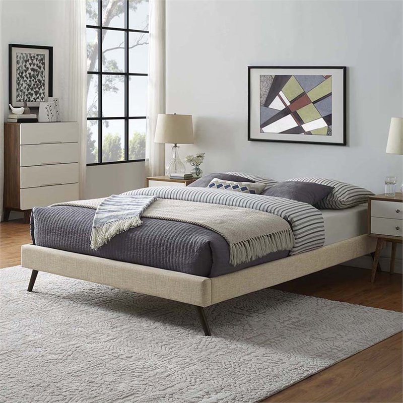 Pemberly Row Full Polyester Fabric Bed Frame with Round Splayed Legs in Beige