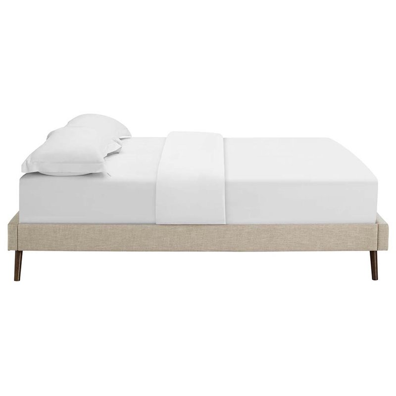 Pemberly Row Full Polyester Fabric Bed Frame with Round Splayed Legs in Beige