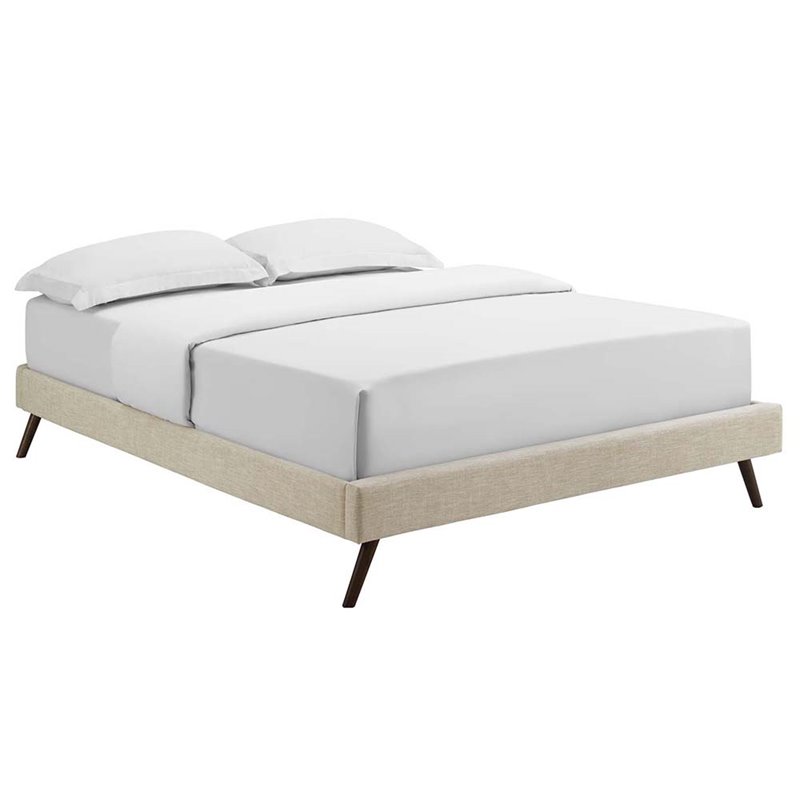 Pemberly Row Full Polyester Fabric Bed Frame with Round Splayed Legs in Beige