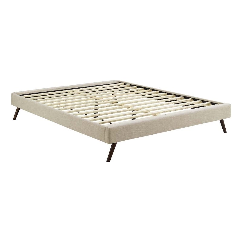 Pemberly Row Queen Polyester Fabric Bed Frame with Round Splayed Legs in Beige
