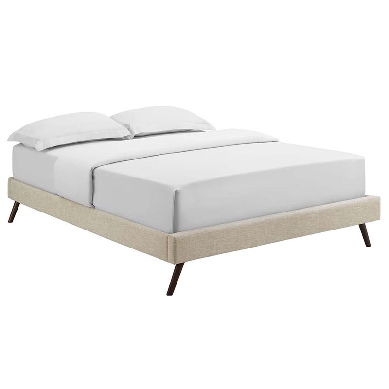 Pemberly Row Queen Polyester Fabric Bed Frame with Round Splayed Legs in Beige