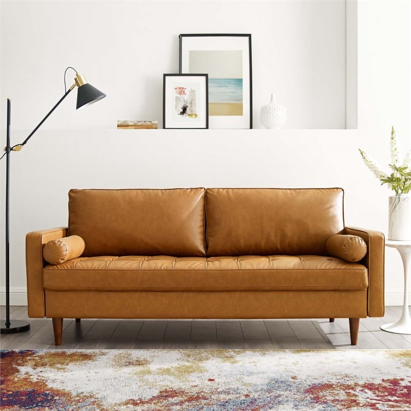 Pemberly Row Modern Style Upholstered Faux Leather Sofa in Tan