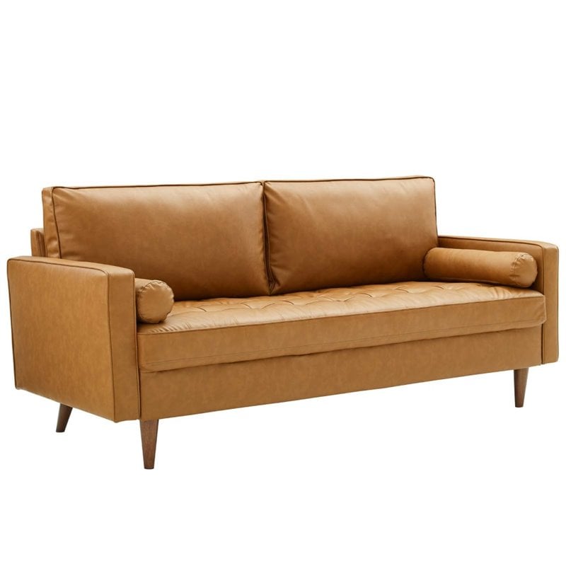 Pemberly Row Modern Style Upholstered Faux Leather Sofa in Tan
