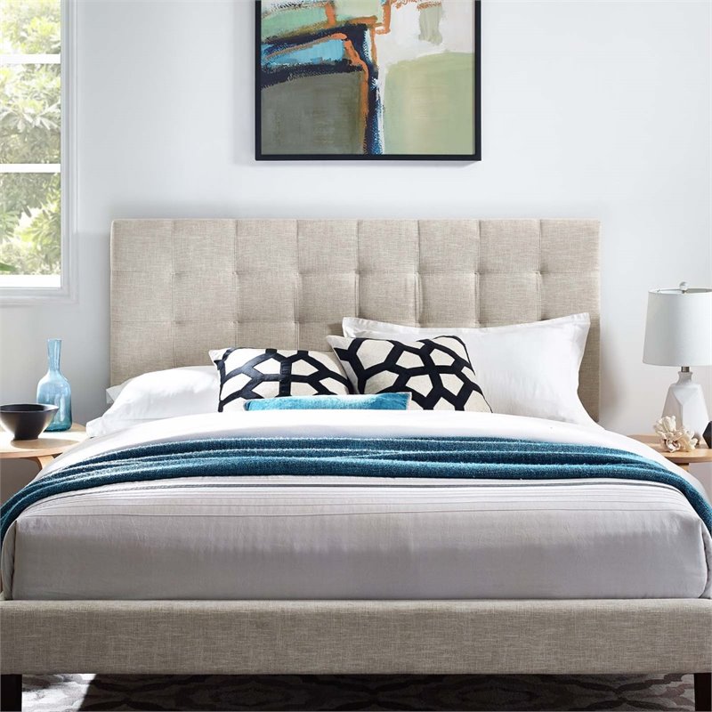 Pemberly Row Tufted King and California King Linen Fabric Headboard in Beige