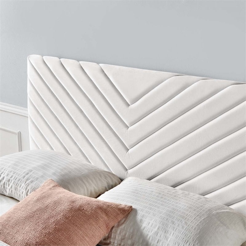 Pemberly Row Angular Channel Tufted Velvet Full/Queen Headboard in White