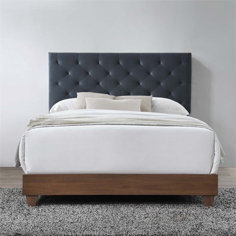 Pemberly Row Diamond Tufted Velvet Wood Queen Bed in Walnut/Charcoal