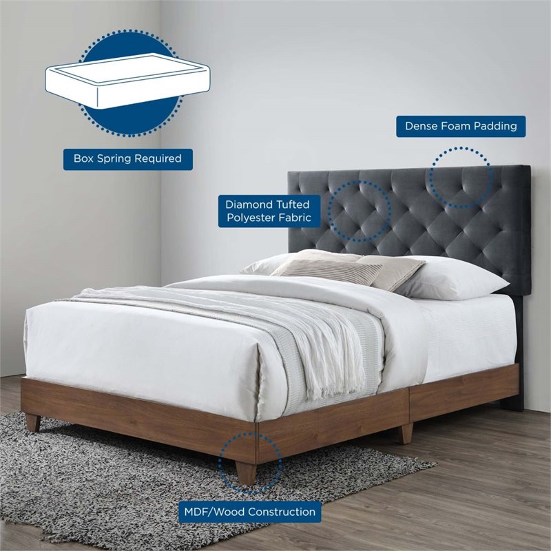 Pemberly Row Diamond Tufted Velvet Wood Queen Bed in Walnut/Charcoal