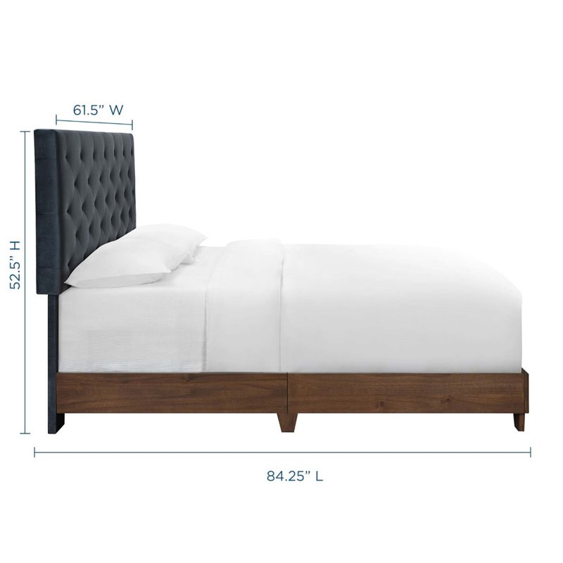 Pemberly Row Diamond Tufted Velvet Wood Queen Bed in Walnut/Charcoal